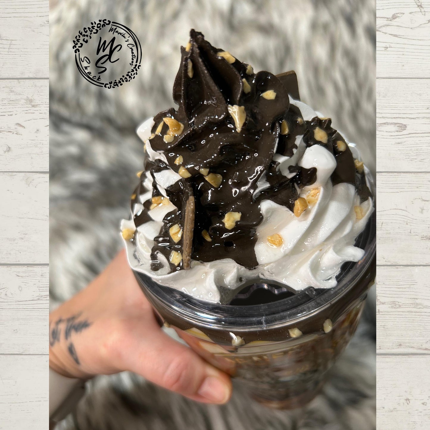 Coffee Swirl Espresso Macchiato Mama Needs her Coffee with realistic whipped cream removable topper, chocolate drizzle and dripping.