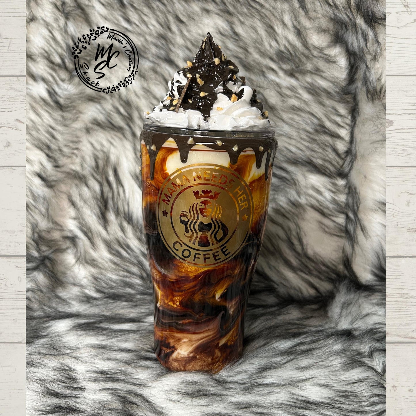 Coffee Swirl Espresso Macchiato Mama Needs her Coffee with realistic whipped cream removable topper, chocolate drizzle and dripping.
