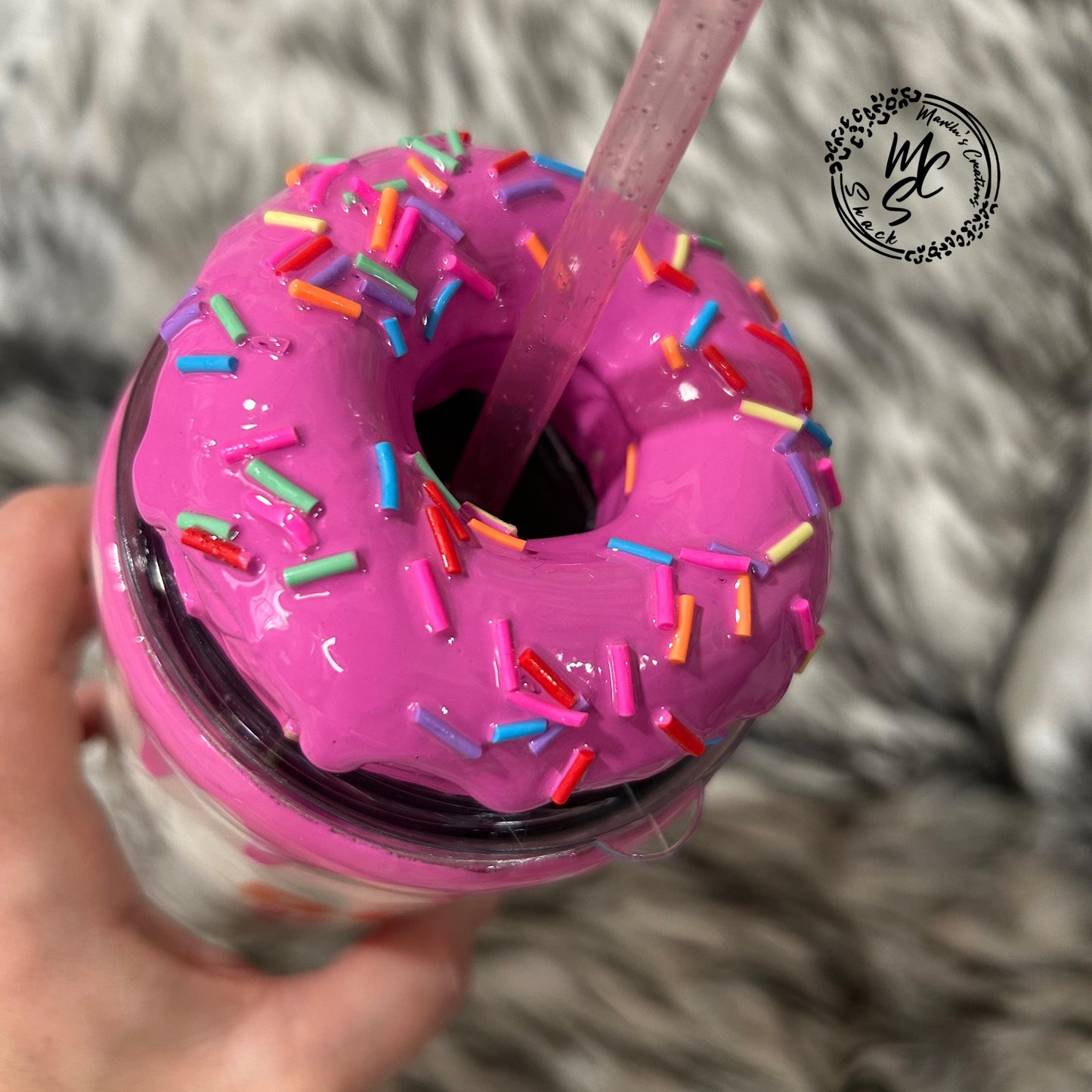 Dunkie Junkie Tumbler, 3d donut tumbler with pink dripping removable topper and sprinkles. 3d pink dripping glitter tumbler. Ready to Ship.