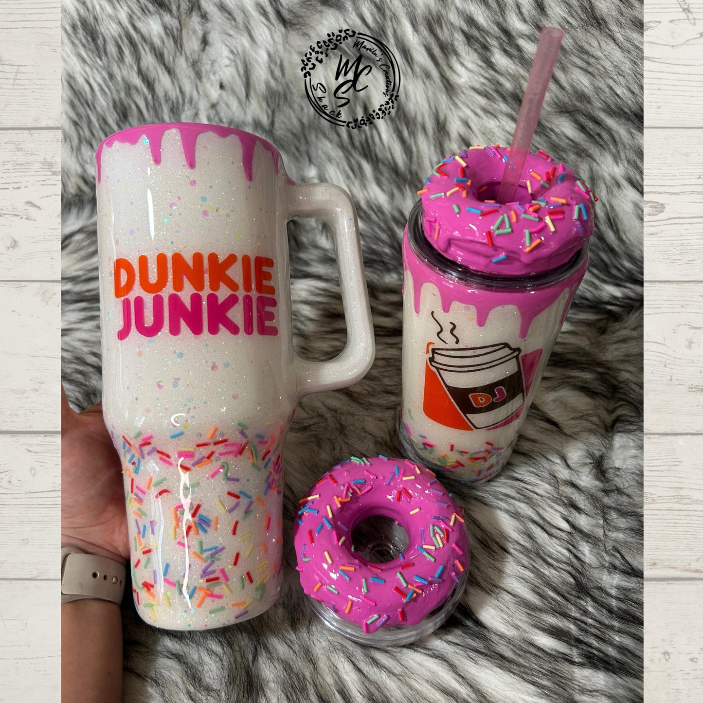 Dunkie Junkie Tumbler, 3d donut tumbler with pink dripping removable topper and sprinkles. 3d pink dripping glitter tumbler. Ready to Ship.