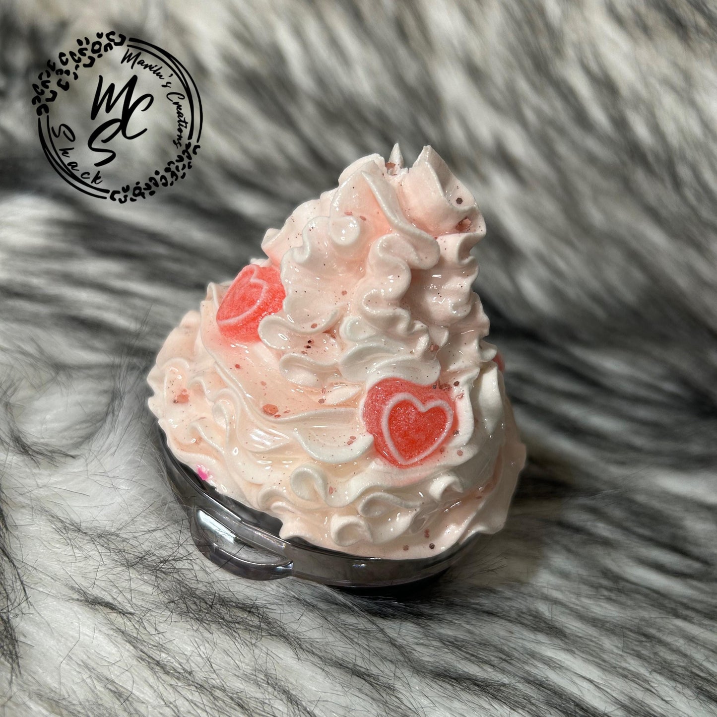 Whipped cream Valentines topper with fake heart shaped candy, removable topper and lid for different size tumblers. Faux topper.