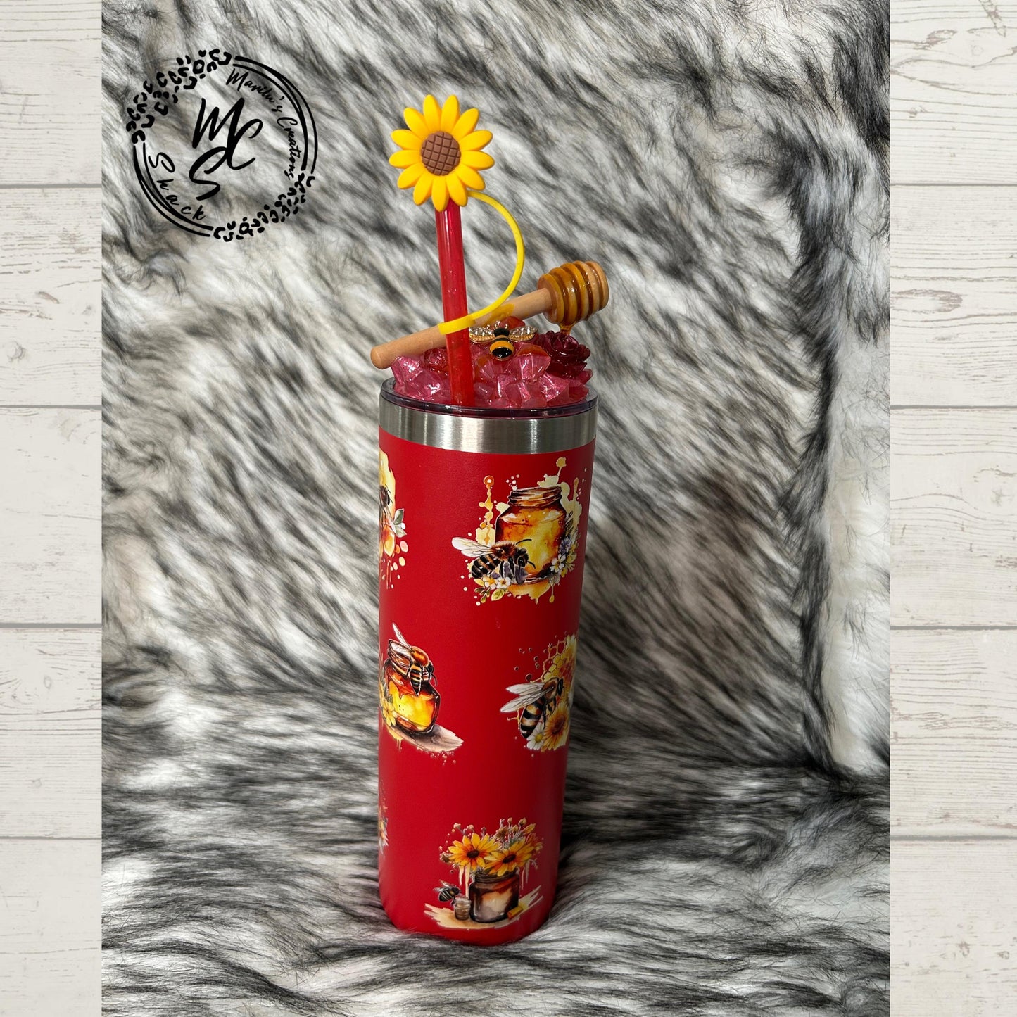 Honey Bees and Flowers on a red Tumbler w/ removable 3D Bees charms and honey drip Topper. Ready to ship 20oz Tumbler with red Straw.