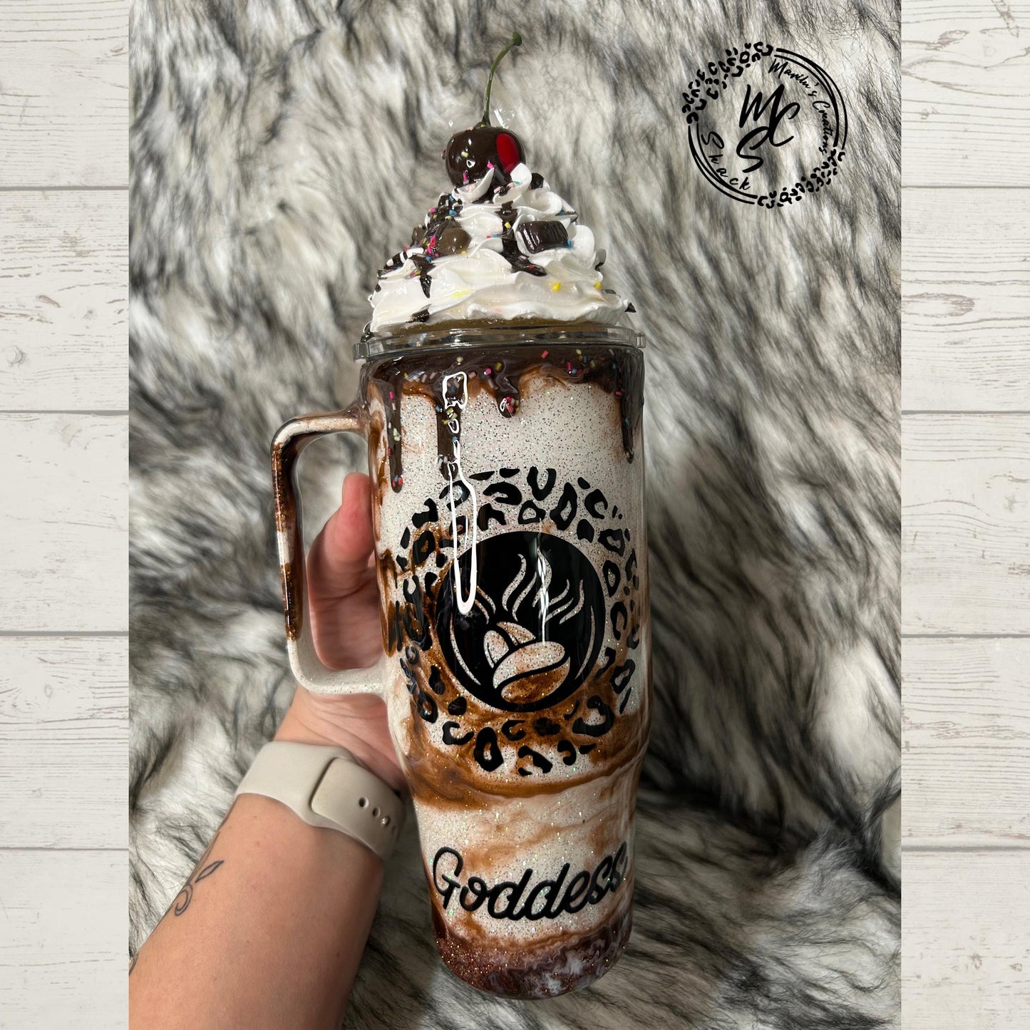 Chocolate Mocha tumbler, custom 3d tumbler with realistic whipped cream removable topper and chocolate drizzle 3d dripping glitter cup.
