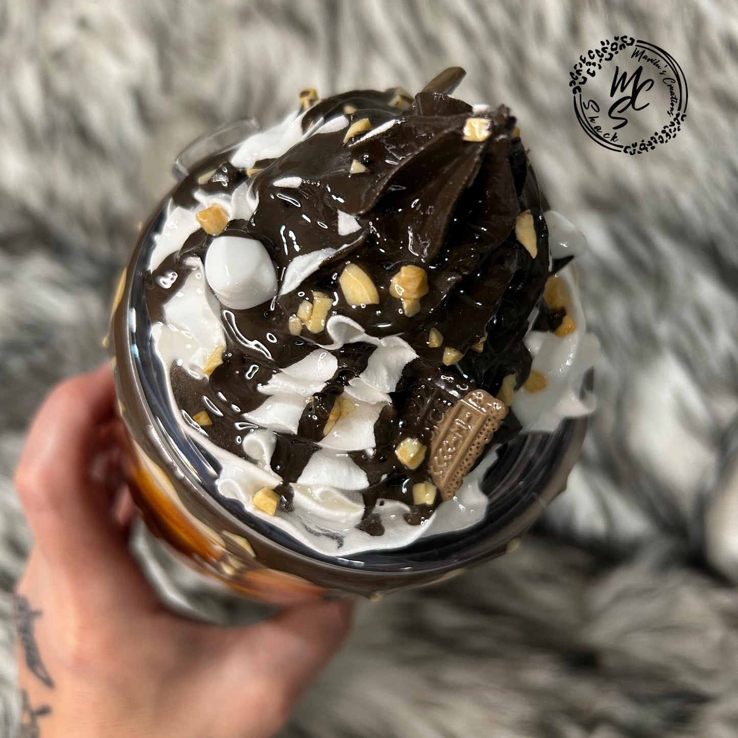 Coffee Swirl Espresso Macchiato Mama Needs her Coffee with realistic whipped cream removable topper, chocolate drizzle and dripping.