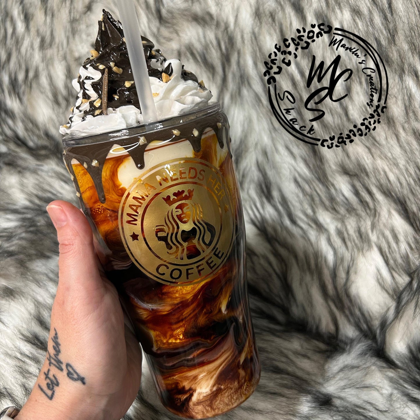 Coffee Swirl Espresso Macchiato Mama Needs her Coffee with realistic whipped cream removable topper, chocolate drizzle and dripping.