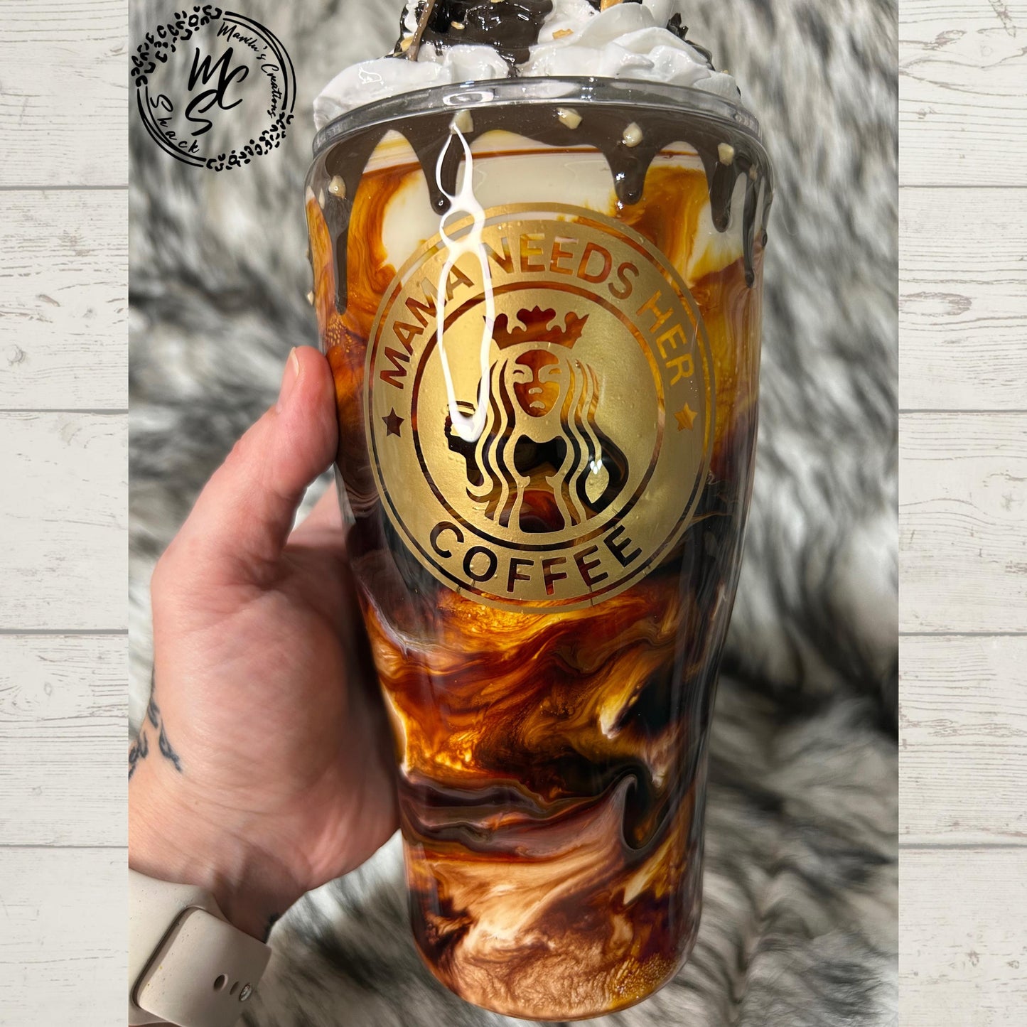 Coffee Swirl Espresso Macchiato Mama Needs her Coffee with realistic whipped cream removable topper, chocolate drizzle and dripping.