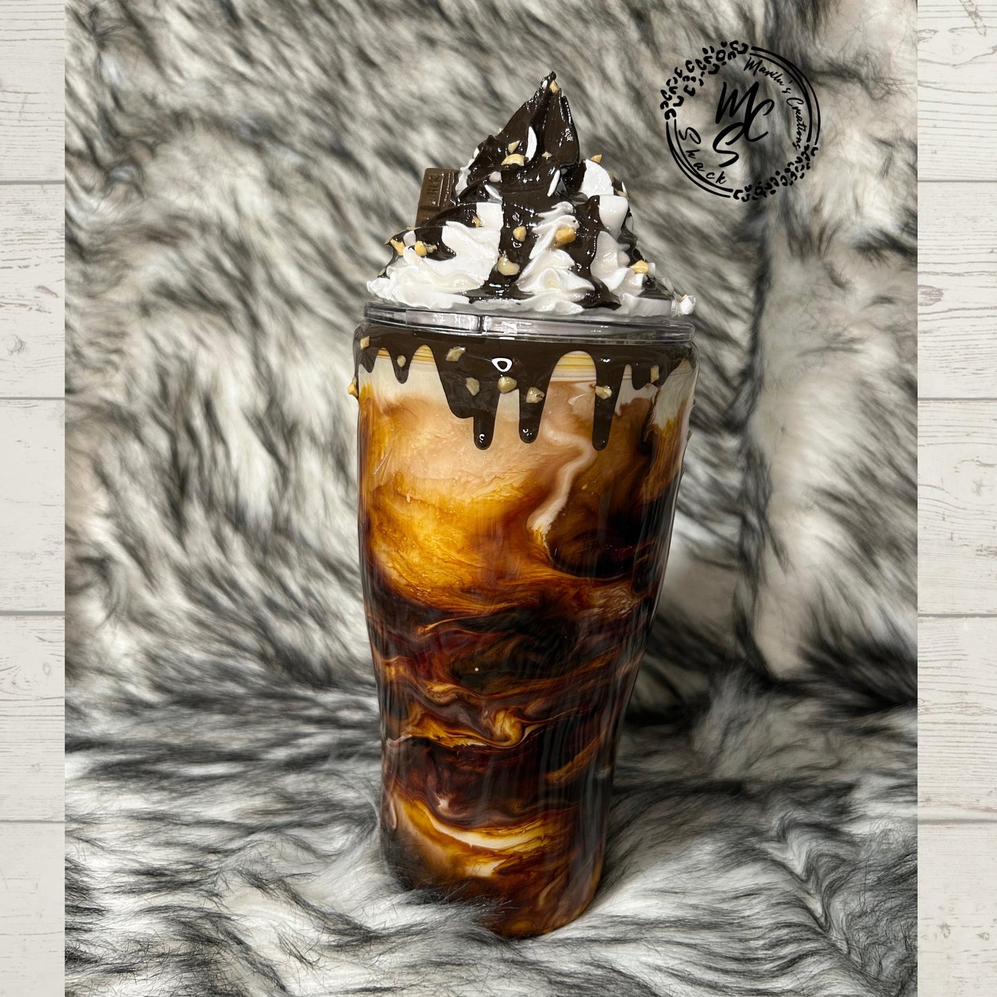 Coffee Swirl Espresso Macchiato Mama Needs her Coffee with realistic whipped cream removable topper, chocolate drizzle and dripping.