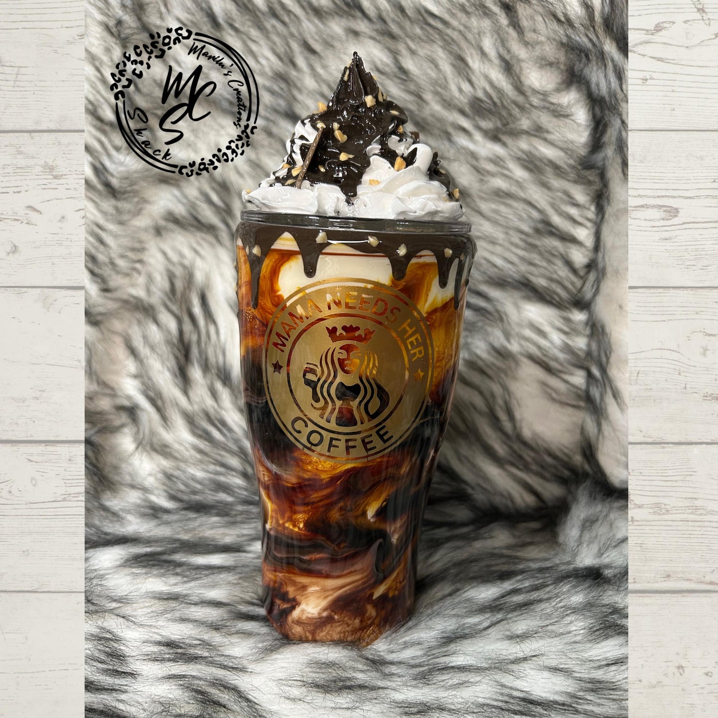 Coffee Swirl Espresso Macchiato Mama Needs her Coffee with realistic whipped cream removable topper, chocolate drizzle and dripping.