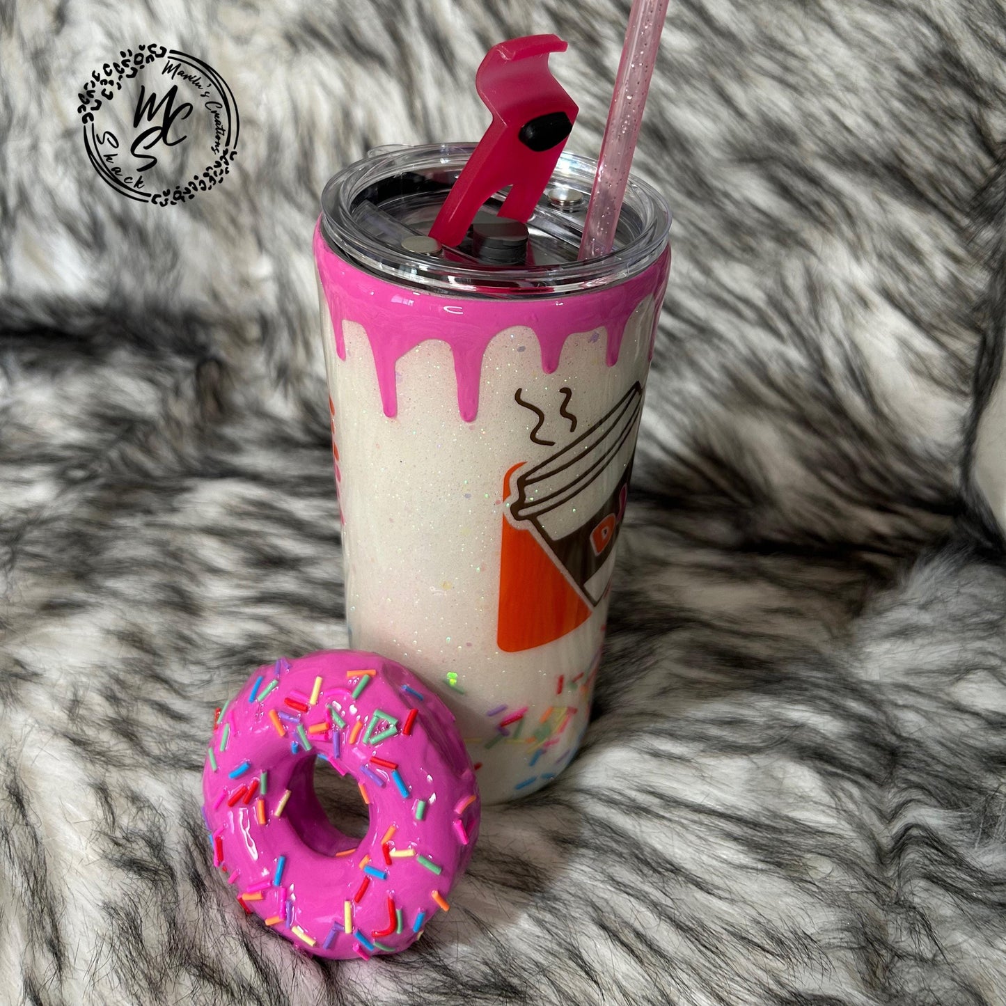 Dunkie Junkie Tumbler, 3d donut tumbler with pink dripping removable topper and sprinkles. 3d pink dripping glitter tumbler. Ready to Ship.