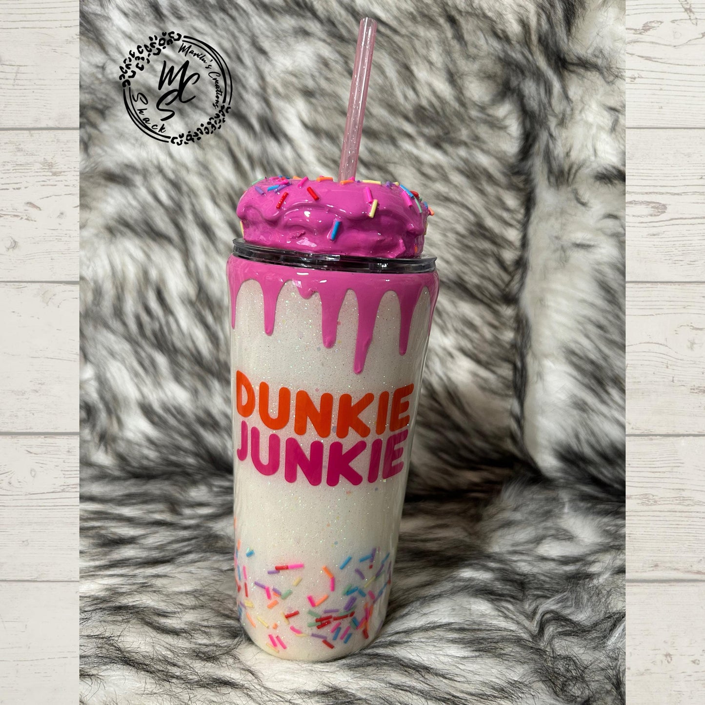 Dunkie Junkie Tumbler, 3d donut tumbler with pink dripping removable topper and sprinkles. 3d pink dripping glitter tumbler. Ready to Ship.