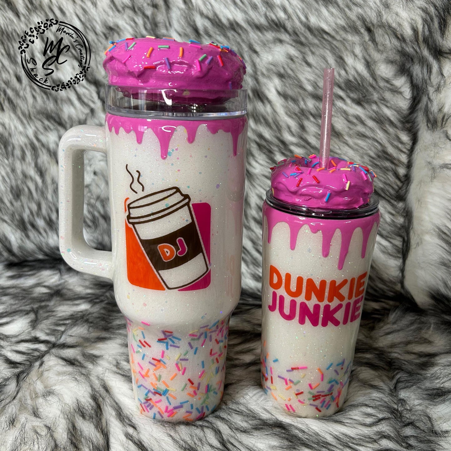 Dunkie Junkie Tumbler, 3d donut tumbler with pink dripping removable topper and sprinkles. 3d pink dripping glitter tumbler. Ready to Ship.