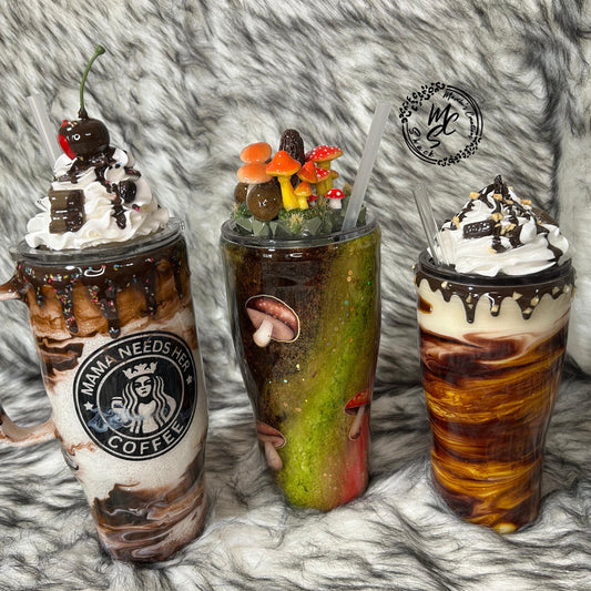 Ready to ship Tumblers, chocolate mocha, mushrooms and macchiato with realistic whipped cream and mushroom 3d toppers, last minute gifts.