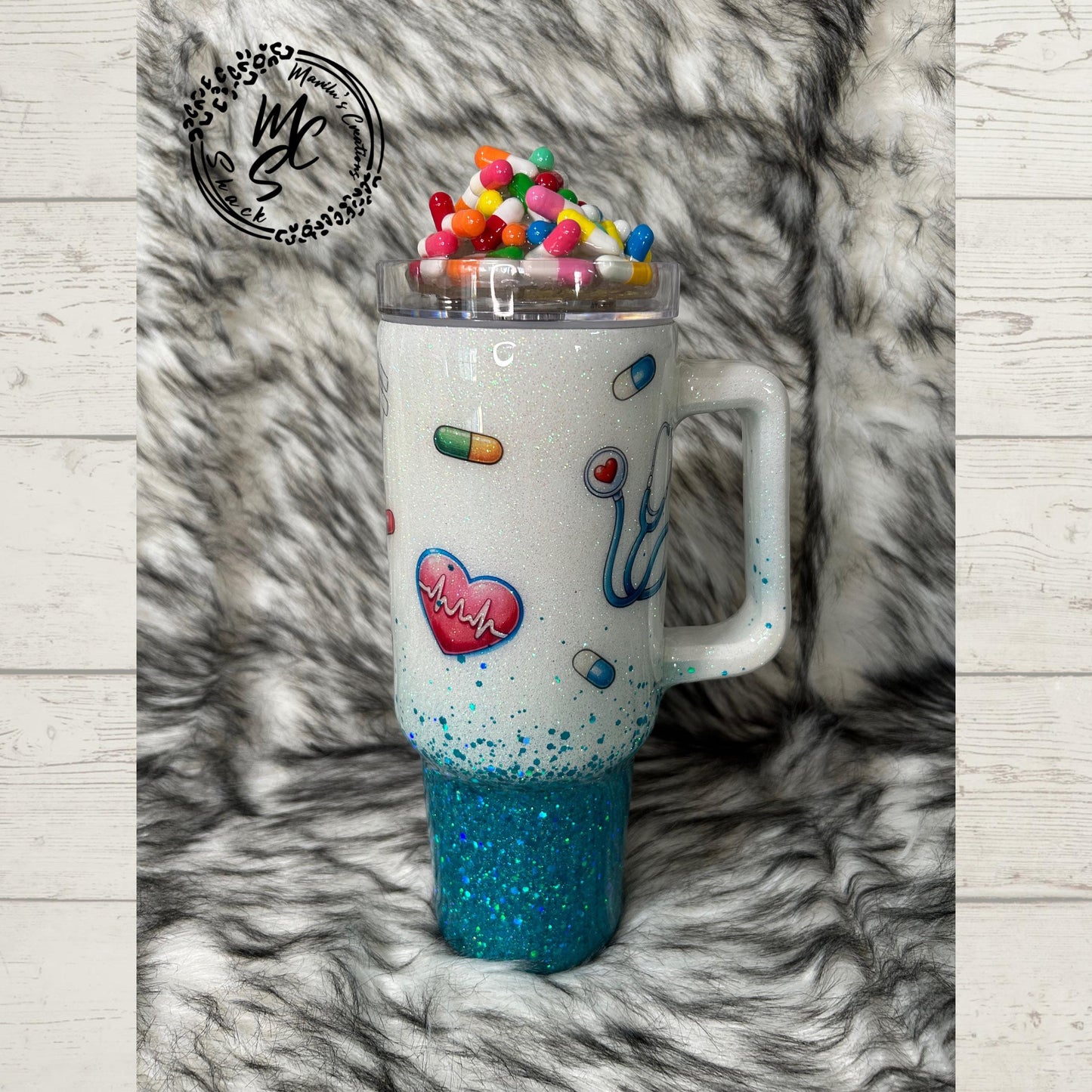 Medical Technician tumbler with 3D fake pills removable topper, white and teal glitter Med Tech Cup. Bottom glitter color can be changed.