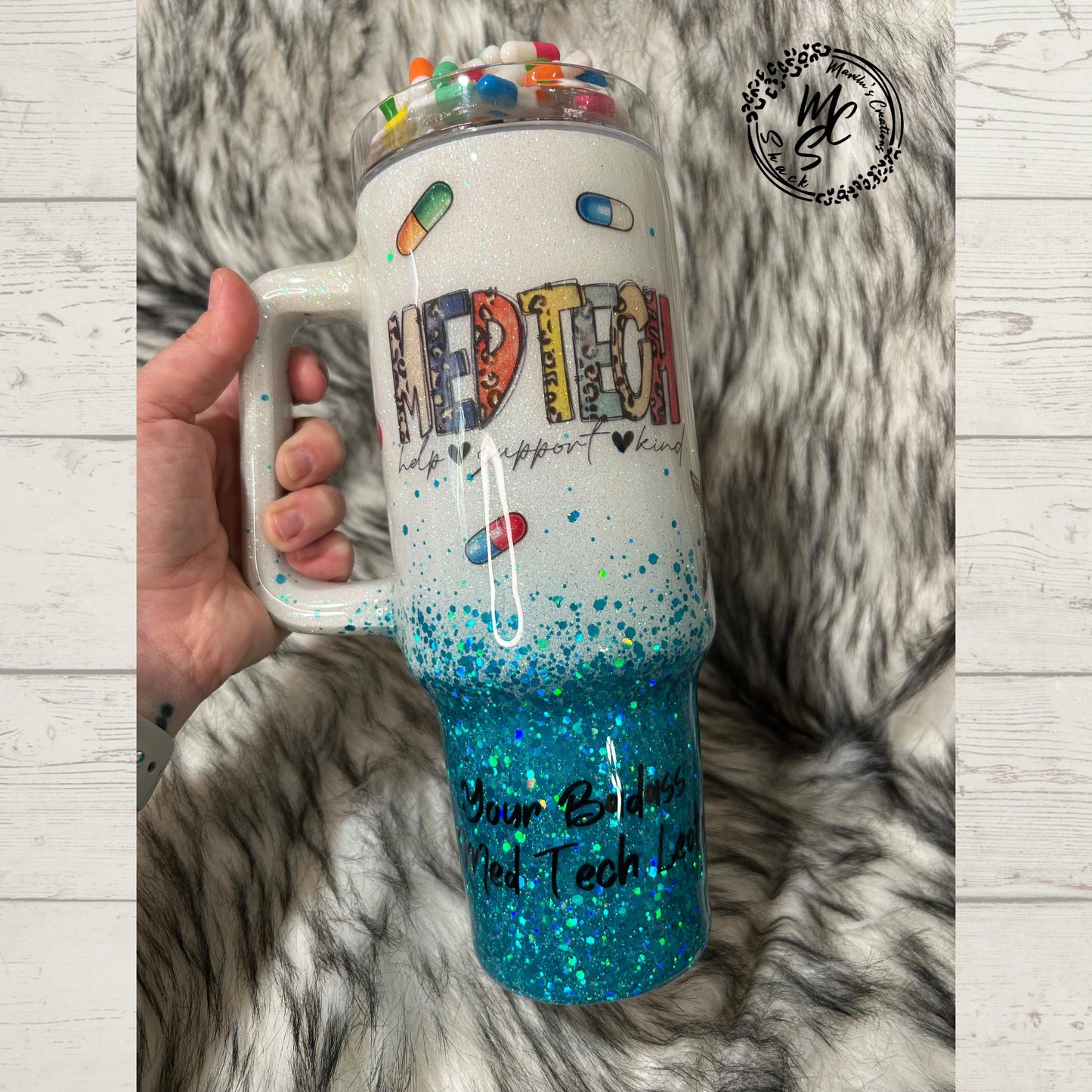 Medical Technician tumbler with 3D fake pills removable topper, white and teal glitter Med Tech Cup. Bottom glitter color can be changed.
