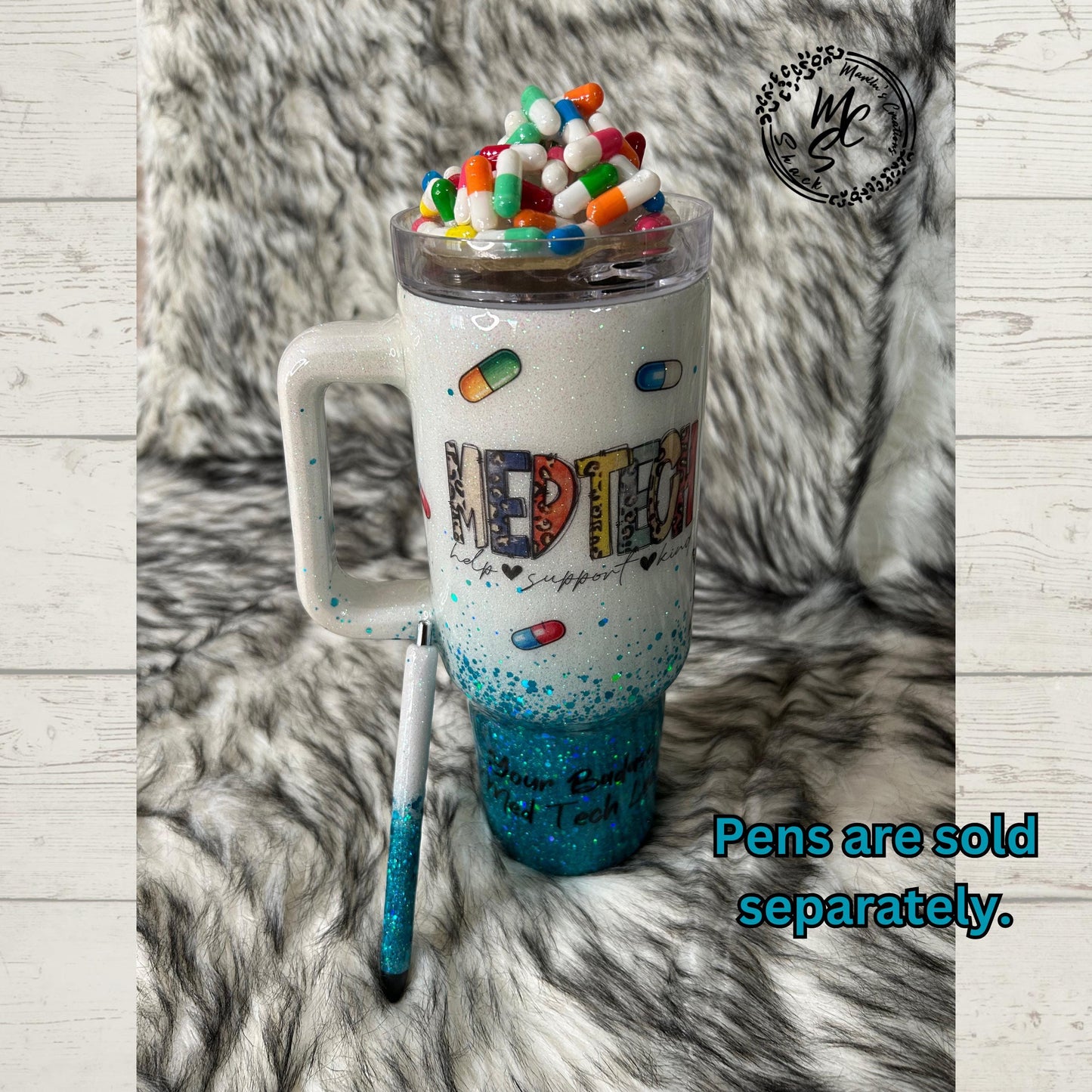 Medical Technician tumbler with 3D fake pills removable topper, white and teal glitter Med Tech Cup. Bottom glitter color can be changed.
