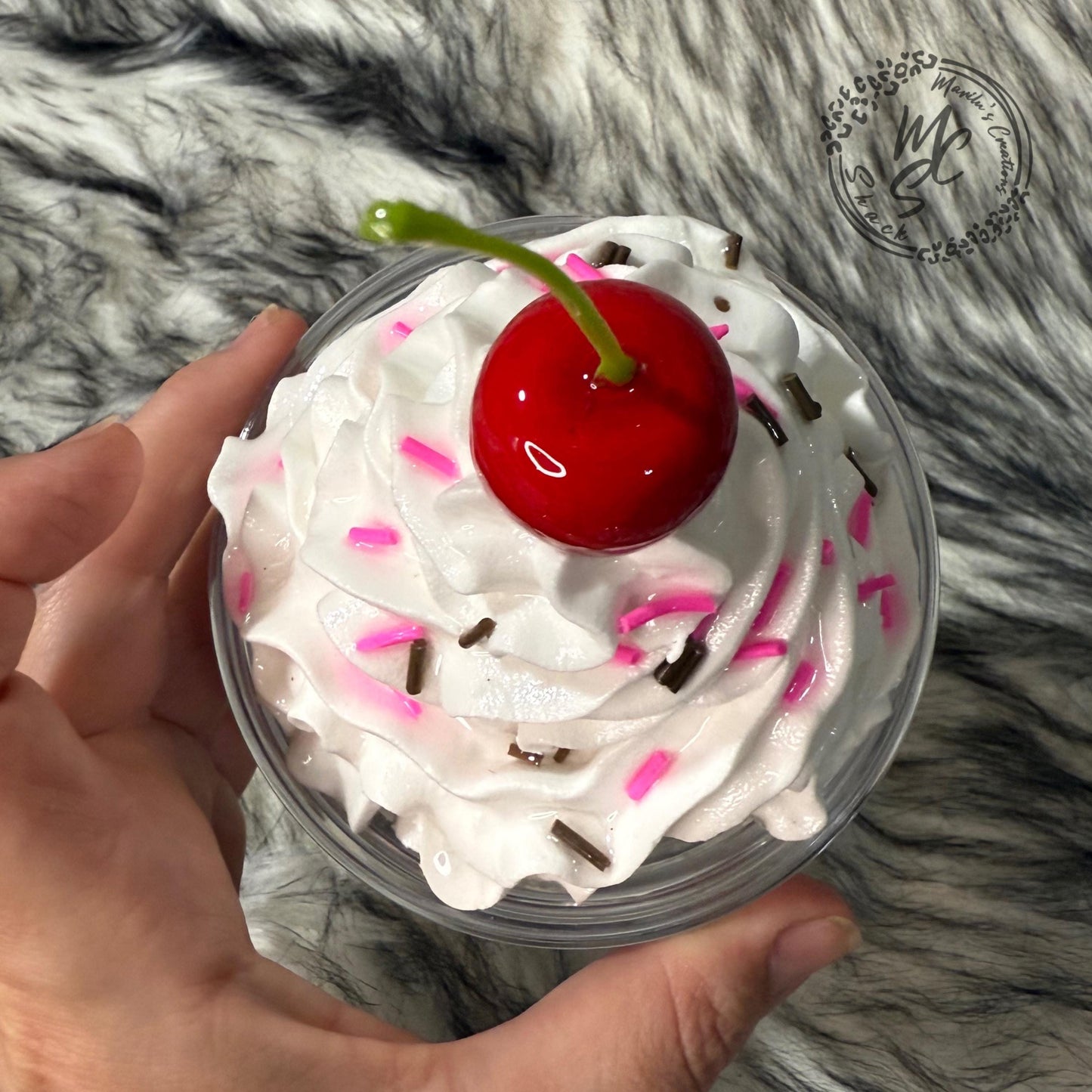 Whipped Cream Topper with hot pink and chocolate fake sprinkles, Removable Cup Lid Topper, Fake Whipped Cream with Cherry Top