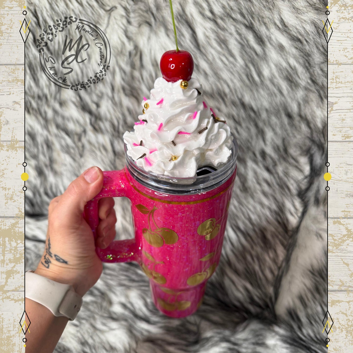 Cherry Tumbler with hot pink glitter background, Gold Cherries and whipped cream removable topper, personalized tumbler. Made to order cup.