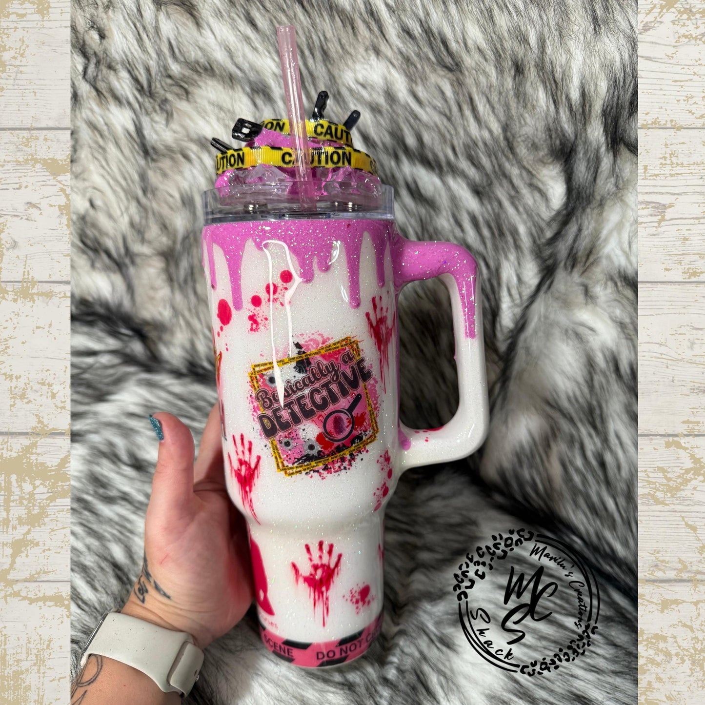 True Crime Pink Tumbler with knives and Caution yellow tape 3D removable topper, True Crime lovers theme, gift for her, Crime scene Tumbler.