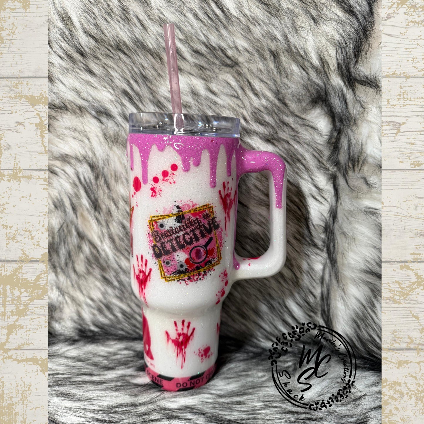 True Crime Pink Tumbler with knives and Caution yellow tape 3D removable topper, True Crime lovers theme, gift for her, Crime scene Tumbler.