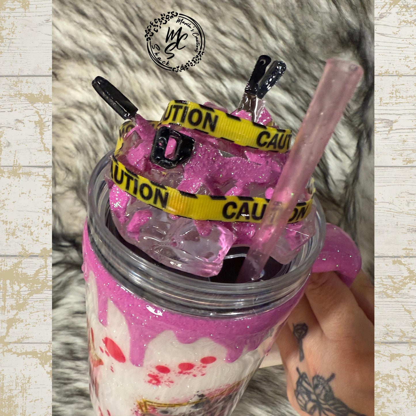 True Crime Pink Tumbler with knives and Caution yellow tape 3D removable topper, True Crime lovers theme, gift for her, Crime scene Tumbler.