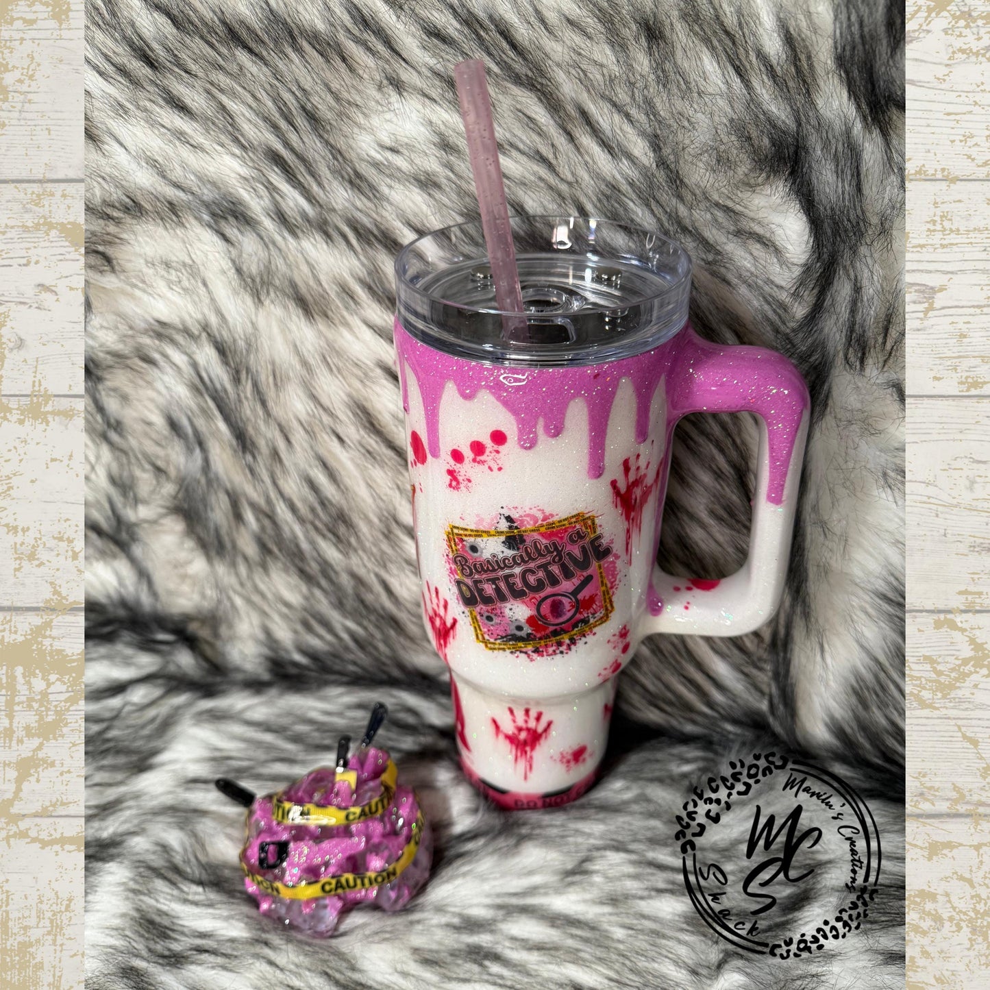 True Crime Pink Tumbler with knives and Caution yellow tape 3D removable topper, True Crime lovers theme, gift for her, Crime scene Tumbler.