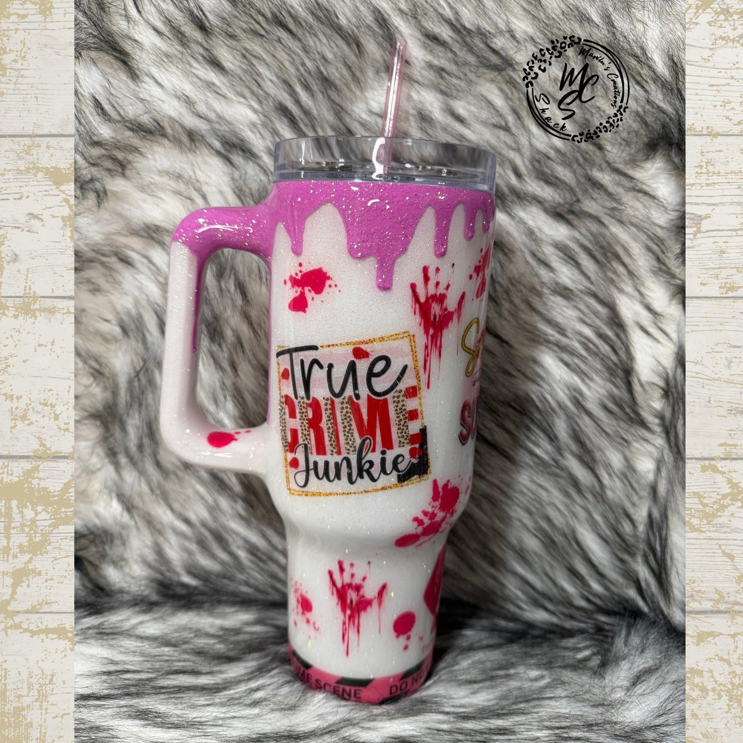 True Crime Pink Tumbler with knives and Caution yellow tape 3D removable topper, True Crime lovers theme, gift for her, Crime scene Tumbler.
