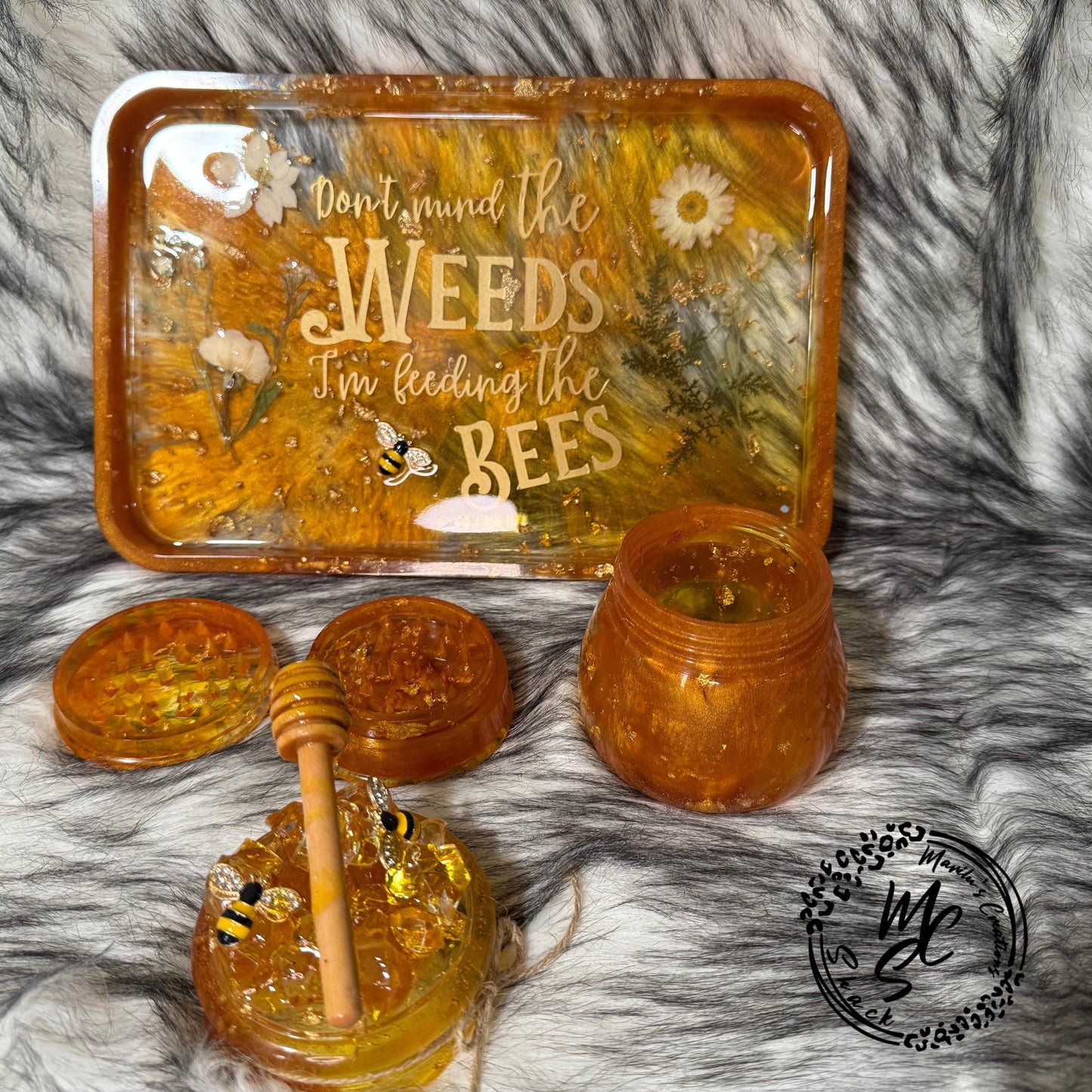 Honey Bee Resin Tray Set – Handmade with Dried Flowers & Gold Foil, Decorative Jar and Matching Accent Tray, Nature-Inspired Gift Set