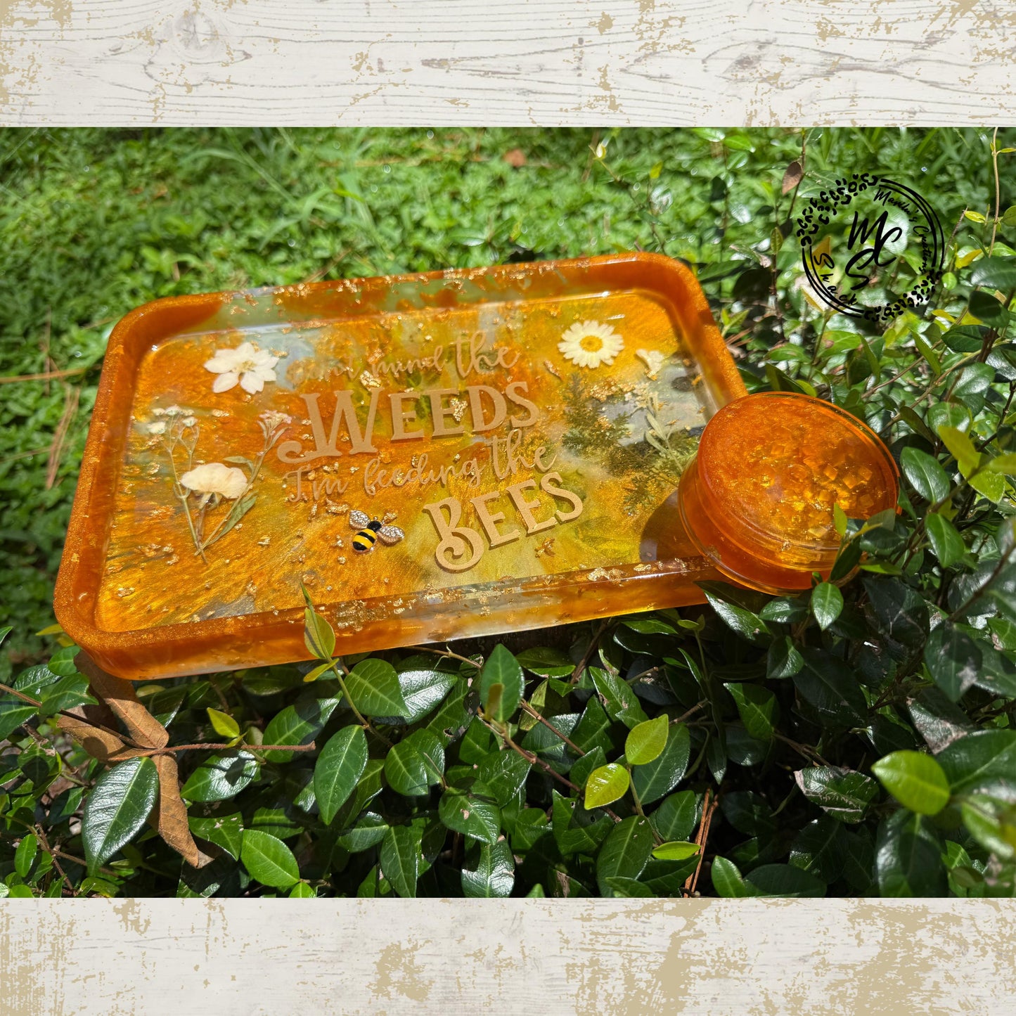 Honey Bee Resin Tray Set – Handmade with Dried Flowers & Gold Foil, Decorative Jar and Matching Accent Tray, Nature-Inspired Gift Set