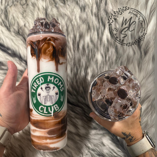 Iced Coffee tumbler with 3d ice and coffee beans removable topper, gift for ice coffee lovers, hot/cold beverages, 3d drizzle and dripping.