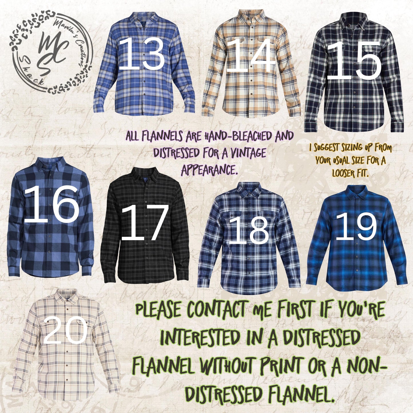 Flannels Bleached/Distressed/Vintage Customized (Choose your flannel size, color and send me a picture or the idea for your design) No Fade