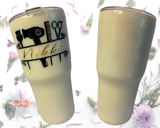 White glitter hair stylist Tumbler with personalized name (choose your shape and size)