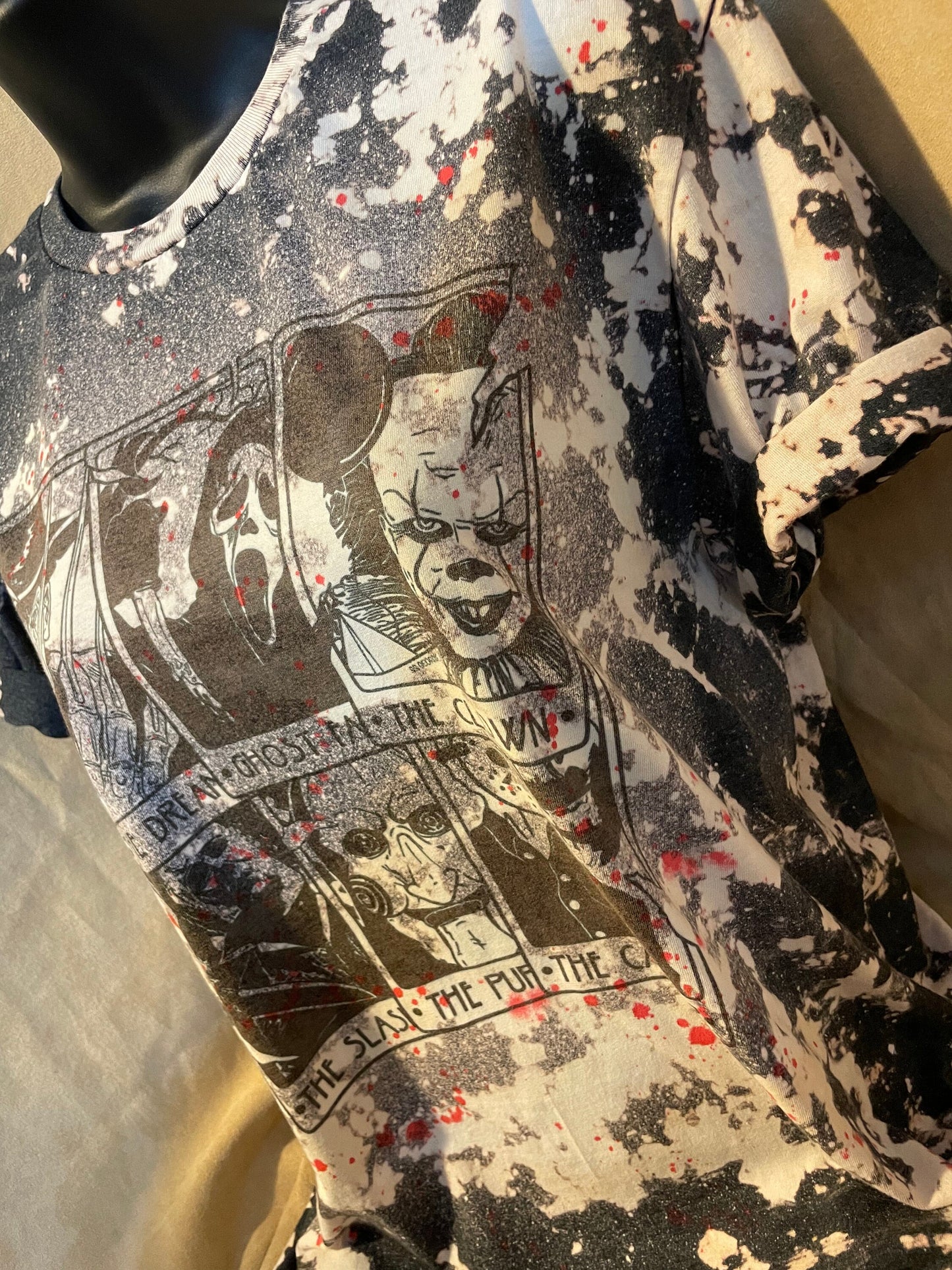 T-shirt, Custom Hand Bleached (Horror Movies Tarot Cards Design on a Dark Grey shirt), halloween tee, bloody shirt, spooky horror top.