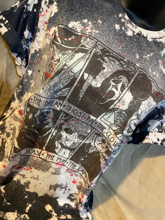 T-shirt, Custom Hand Bleached (Horror Movies Tarot Cards Design on a Dark Grey shirt), halloween tee, bloody shirt, spooky horror top.