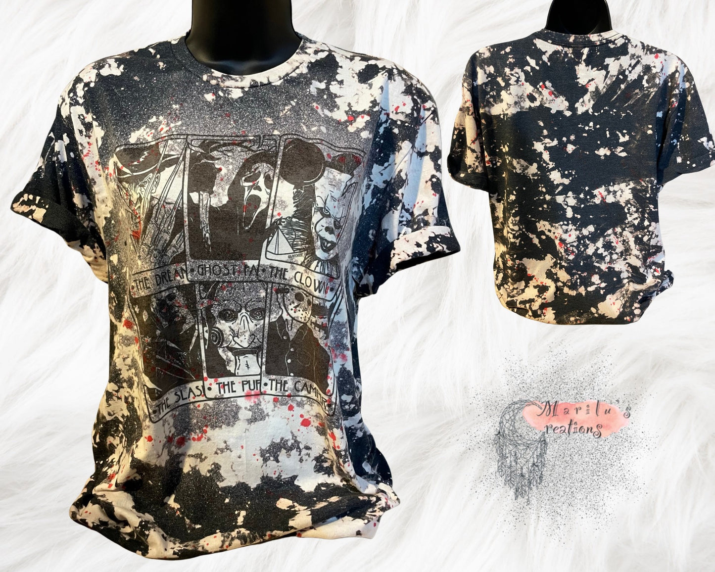 T-shirt, Custom Hand Bleached (Horror Movies Tarot Cards Design on a Dark Grey shirt), halloween tee, bloody shirt, spooky horror top.