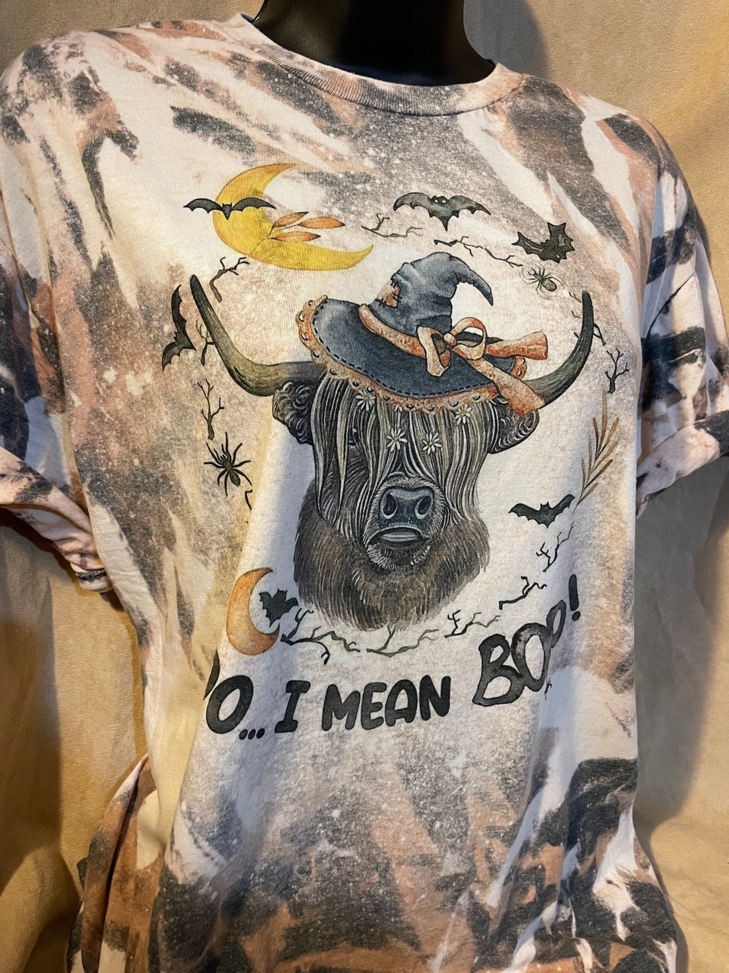 T-shirt, Custom Hand Bleached, Moo I mean BOO shirt, Halloween tee, highland cattle top, cow, spooky top, long hair cow, bats tshirt.