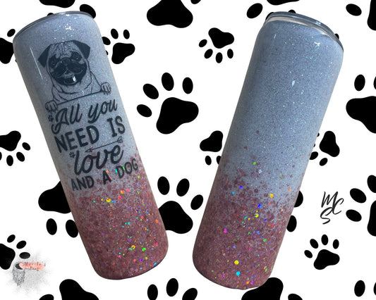 Pug Tumbler (Choice to choose bottom glitter color) Personalizable/Customizable