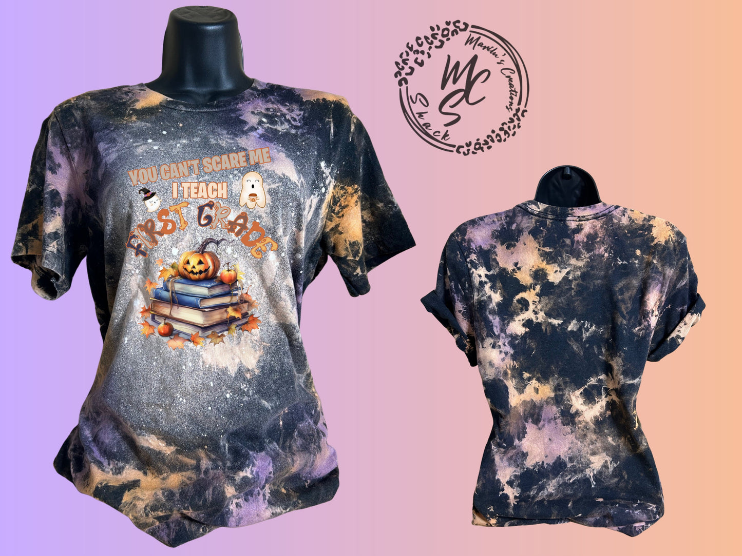 You can’t scare me halloween, teacher bleached and distressed personalized t-shirts, several colors to choose from, all grades