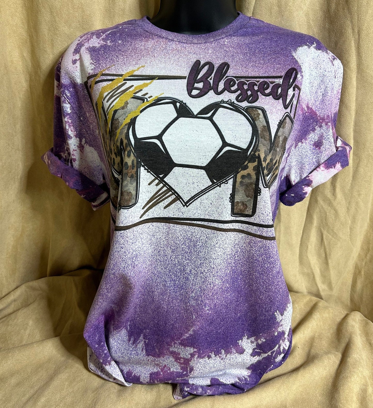 Blessed Leopard Soccer Mom T-shirt, Bleached/Distressed, purple soccer shirt, ball tee, mother, gift for soccer mom, sports.
