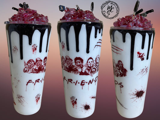Friends Horror movie characters icons art film Halloween with glow in the dark 3D dripping and removable bloody knives topper.