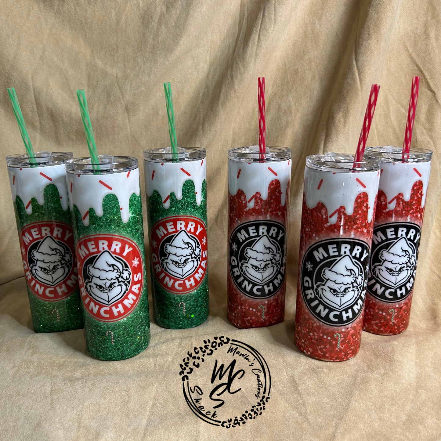 Merry Grinchmas 20oz Straight Skinny Tumbler with a touch of real glitter in red or green.