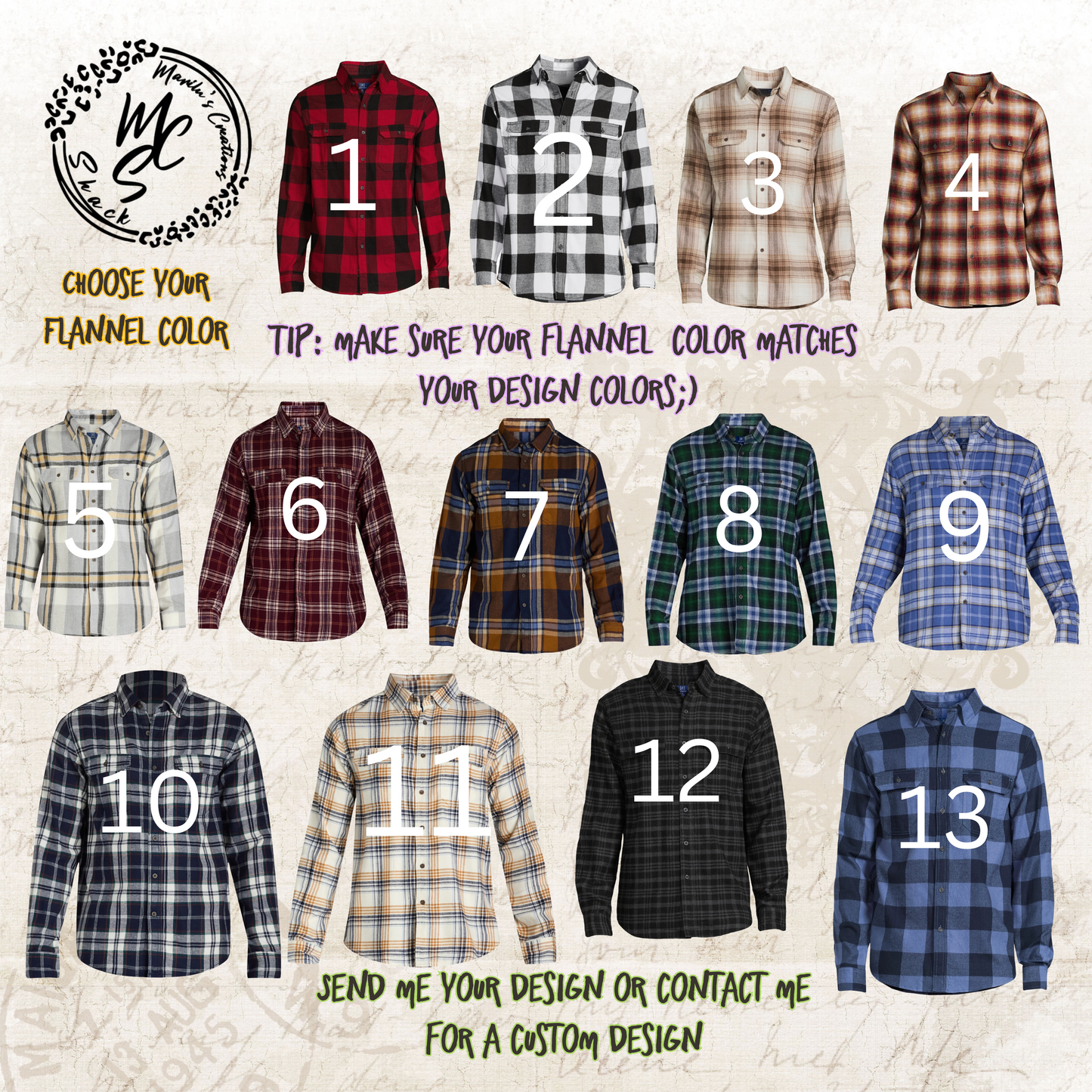 Flannels Bleached/Distressed/Vintage Custom (Choose your flannel size, color and send me the design) front pocket print and back print