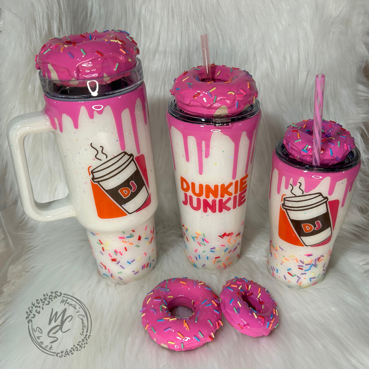 Dunkie Junkie Tumbler, 3d donut tumbler with pink dripping removable topper and sprinkles. 3d pink dripping glitter tumbler.