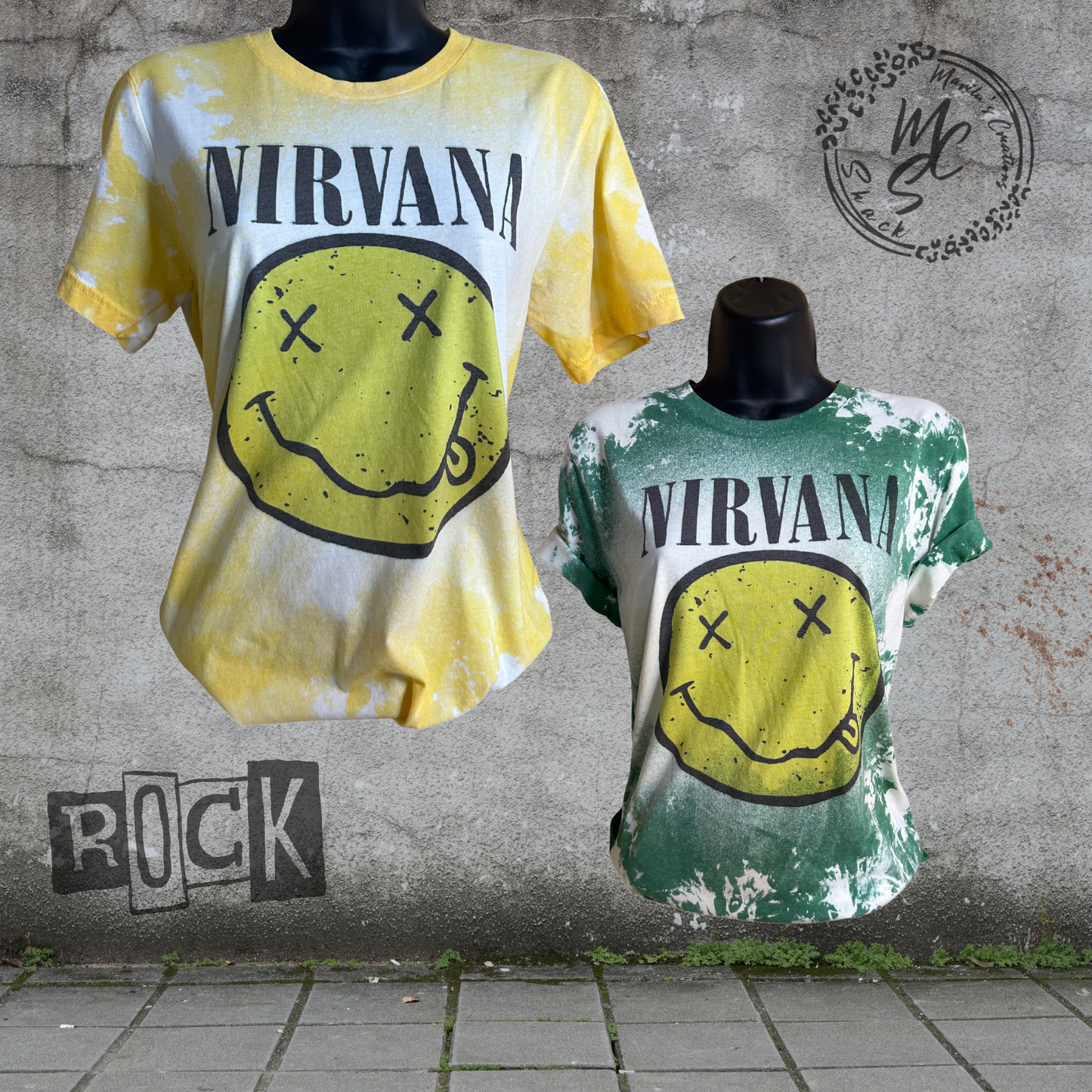 Nirvana bleached distressed tee, yellow or green color top.