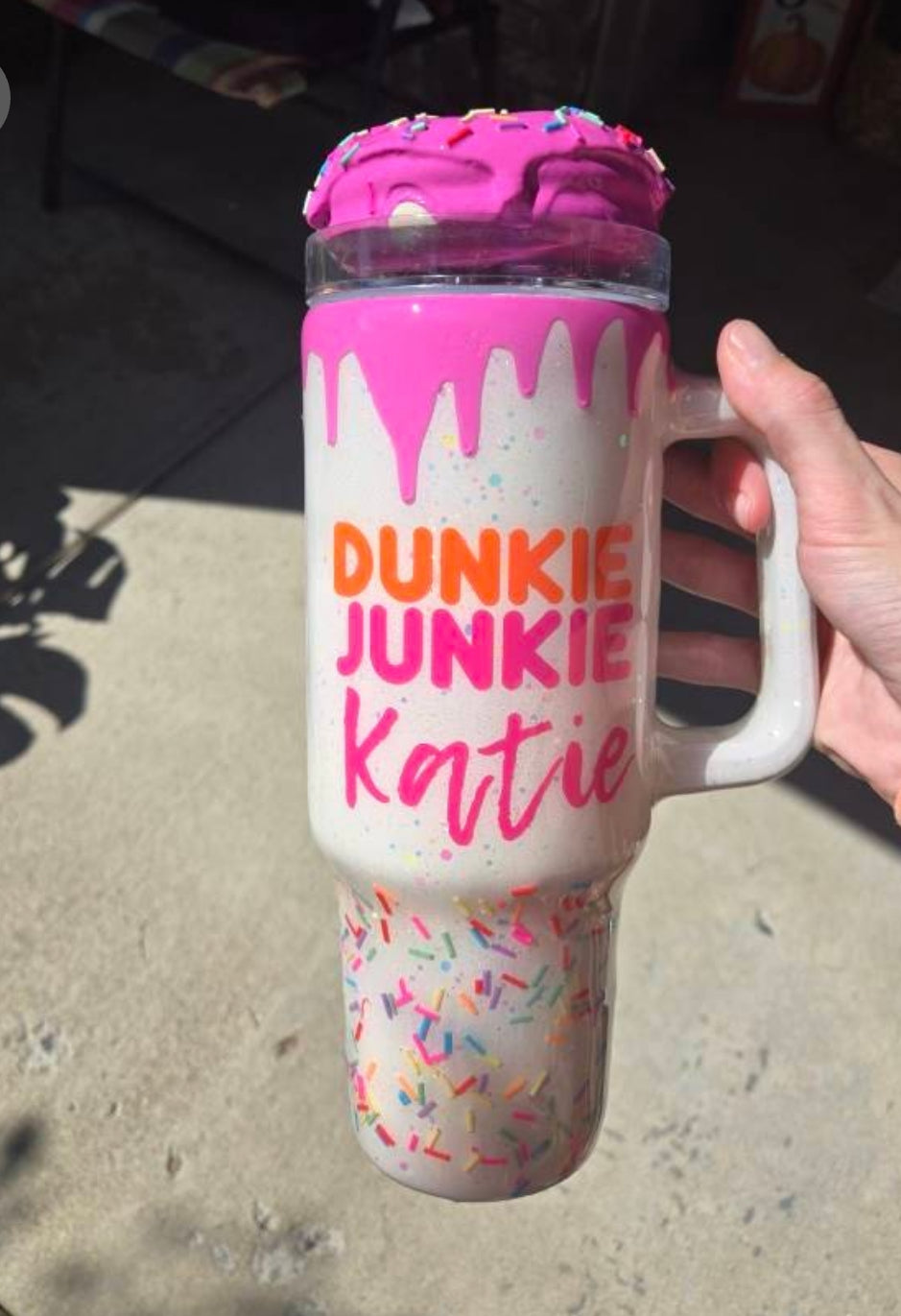 Dunkie Junkie Tumbler, 3d donut tumbler with pink dripping removable topper and sprinkles. 3d pink dripping glitter tumbler.