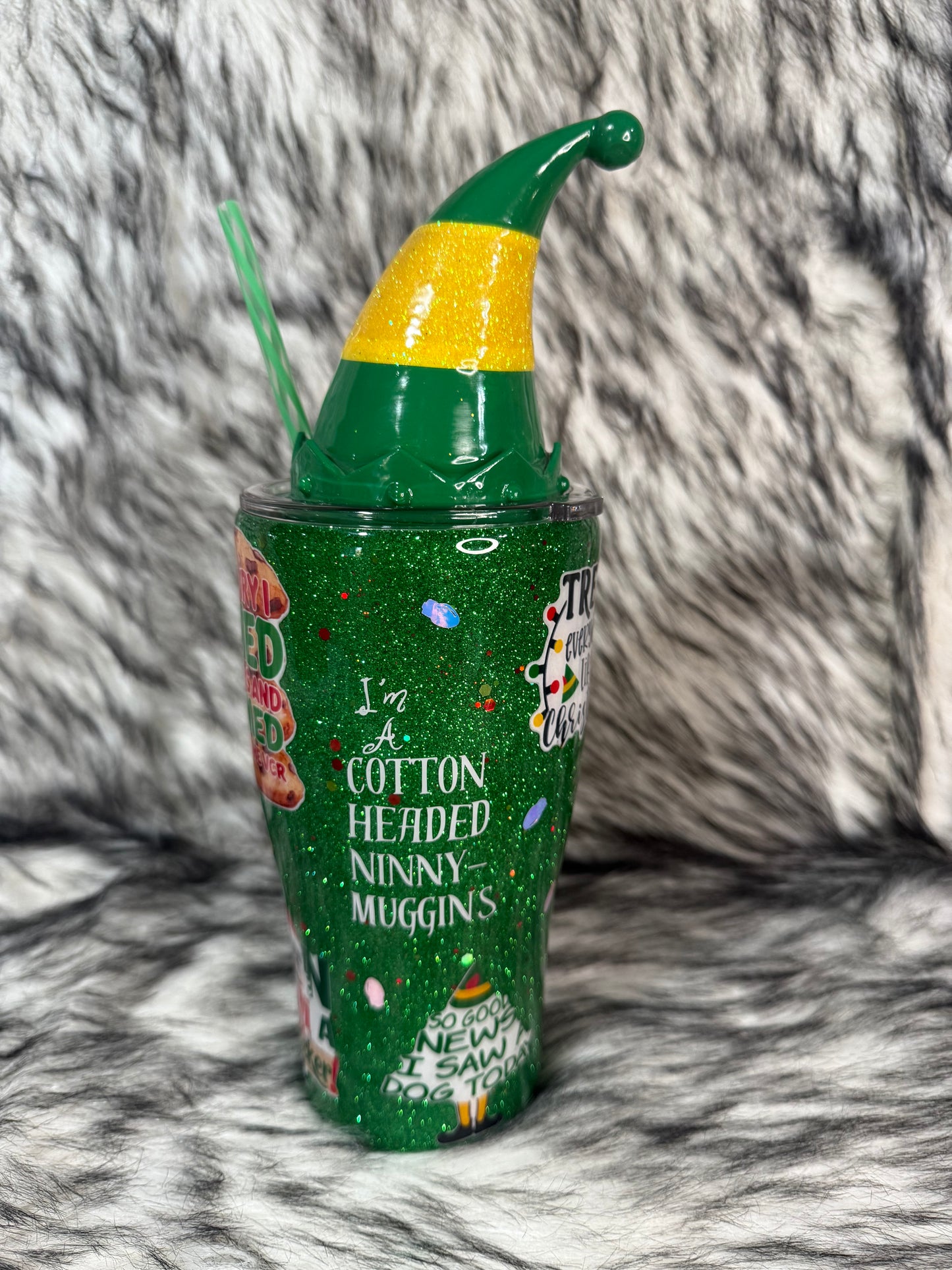 Elf Movie Inspired Christmas Tumbler with 3D Elf Hat Topper