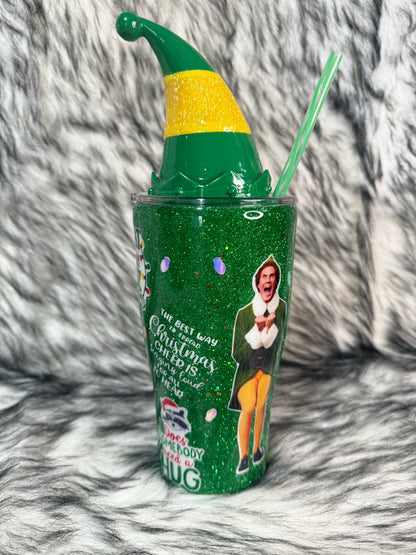 Elf Movie Inspired Christmas Tumbler with 3D Elf Hat Topper