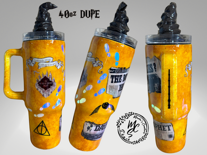 Harry Potter with a removable 3D sorting hat topper Tumbler and glow in the dark footprints.