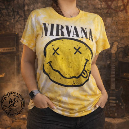 Nirvana bleached distressed tee, yellow or green color top.