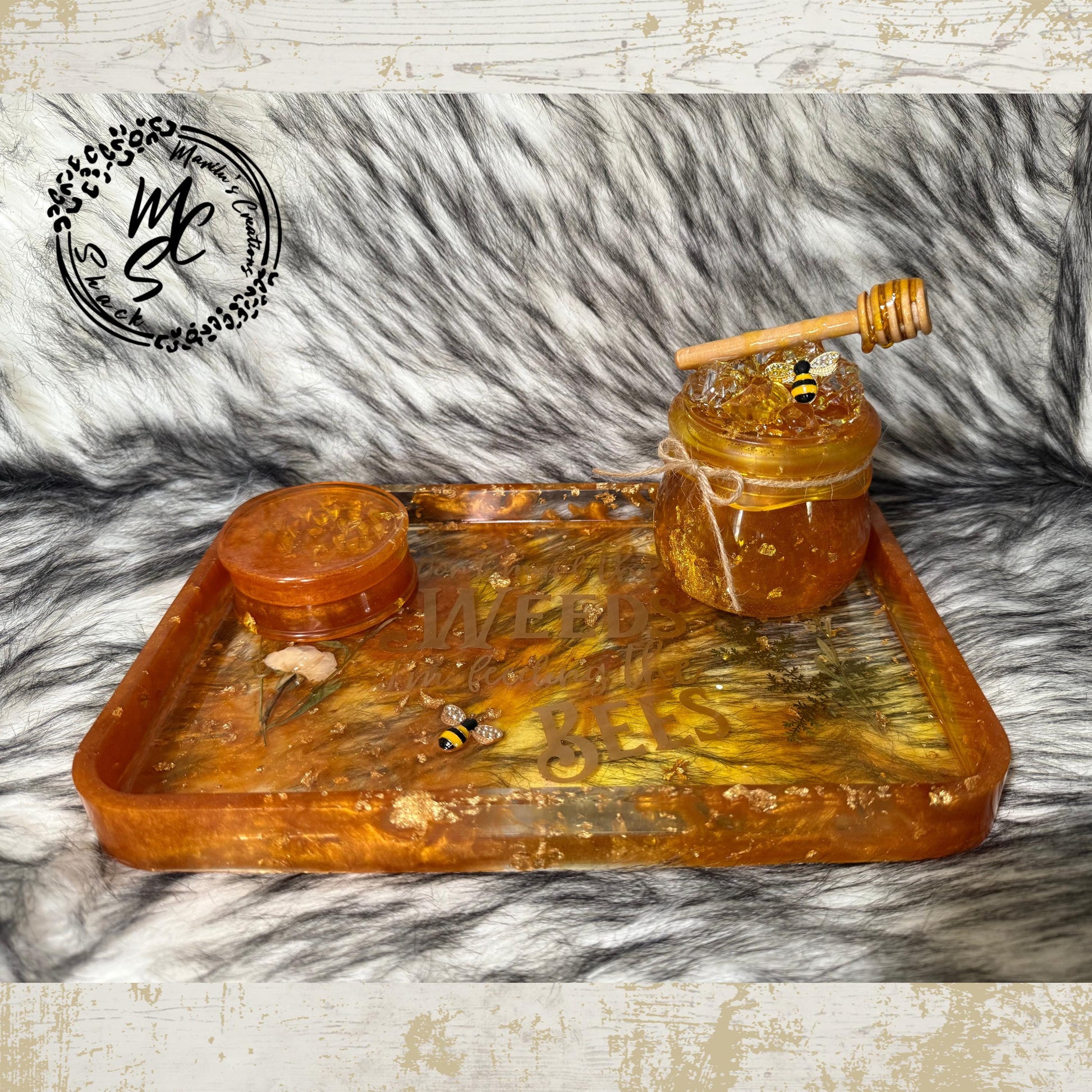 Honey Bee Resin Tray Set – Handmade with Dried Flowers & Gold Foil, Decorative Jar and Matching Accent Tray, Nature-Inspired Gift Set