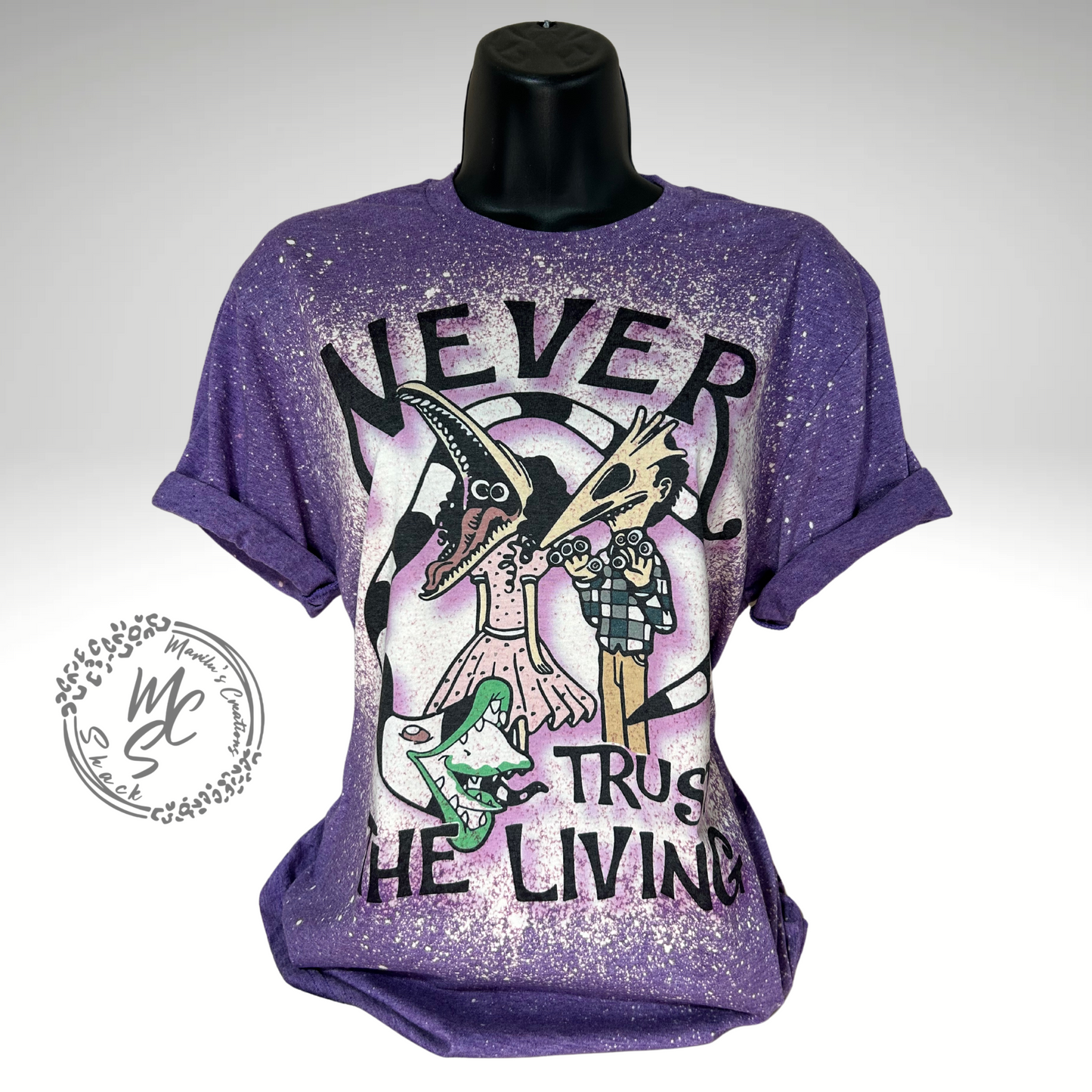 Beetlejuice t-shirt, Never Trust the Living bleached distressed Beetlejuice inspired shirt, super soft t-shirt, purple t-shirt, gift for her or him.